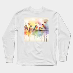 Cute brightly colored birds on a wire Long Sleeve T-Shirt